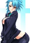  blue_eyes blue_hair breasts brown_eyes busou_shinki looking_at_viewer medium_breasts midriff miss_black necktie open_clothes proxima short_hair smile solo 