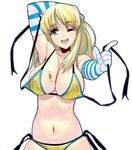  arms_up bandaid bikini blonde_hair blue_eyes blush breasts cleavage elbow_gloves gloves holding large_breasts long_hair masao navel one_eye_closed open_mouth original pointing pointing_at_viewer side-tie_bikini sideboob simple_background smile solo striped striped_gloves swimsuit undressing untied white_background yellow_bikini 