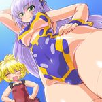  :d ^_^ alternate_color altines altrene arm_behind_head blonde_hair blush breasts busou_shinki closed_eyes covered_navel dd_(ijigendd) doll_joints from_below green_eyes hand_on_hip large_breasts long_hair multiple_girls open_mouth purple_hair smile swimsuit twintails underboob wrist_cuffs 