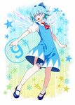  1girl ascot blue_eyes blue_hair blue_skirt bow cirno hair_bow ice ice_wings mary_janes open_mouth puffy_sleeves satoshiheart shirt shoes short_hair short_sleeves skirt solo star striped striped_background touhou wings 