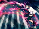  baseball_bat beanie clothes_around_waist crosswalk energy hat headphones headphones_around_neck k_(anime) male_focus red_hair skateboard solo watermark wenqing_yan yata_misaki 