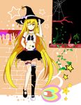  asymmetrical_clothes blonde_hair bow braid brick_wall hair_bow hat hat_ribbon highres ideolo_(style) kirisame_marisa long_hair mismatched_footwear one_eye_closed plant ribbon silk solo spider_web star touhou witch_hat yellow_eyes yuzupie123 