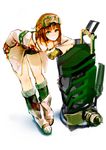  ankle_boots bag bent_over boots breasts brown_hair character_request cleavage copyright_request downblouse gloves goggles goggles_on_head green_eyes jacket leg_warmers medium_breasts short_hair short_shorts shorts so-bin solo 