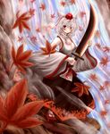  animal_ears armpits autumn_leaves bad_id bad_pixiv_id detached_sleeves geta hat highres inubashiri_momiji leaf light_smile looking_at_viewer maple_leaf momen102_(sji09u) pom_pom_(clothes) red_eyes short_hair solo sword tabi tassel tengu-geta tokin_hat touhou water waterfall weapon white_hair wolf_ears 