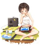  alcohol bad_id bad_pixiv_id barefoot beer brand_name_imitation brown_eyes brown_hair computer fan highres indian_style indoors legs minamito navel original paper_fan shaved_ice short_hair shorts sitting solo stylus tablet tablet_pc tatami uchiwa 