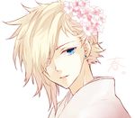  bad_id bad_pixiv_id bisukorokoro blonde_hair blue_eyes cherry_blossoms cloud_strife earrings final_fantasy final_fantasy_vii flower hair_flower hair_ornament hair_over_one_eye jewelry looking_at_viewer male_focus otoko_no_ko solo 
