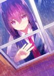  bangs blush dress_shirt from_outside frown hand_on_glass hand_on_window looking_at_viewer looking_out_window necktie original purple_eyes purple_hair rain raised_eyebrows sad shirt short_hair solo vest water window yasumo_(kuusouorbital) 