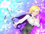  blonde_hair breasts cleavage drill_hair earrings glynda_goodwitch green_eyes high-waist_skirt jewelry large_breasts magic_circle pencil_skirt riding_crop rwby short_hair skirt solo underbust you_(fuyura) 