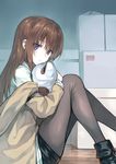  black_legwear blush brown_hair feet_out_of_frame highres hiten_(hitenkei) jacket legwear_under_shorts long_hair makise_kurisu pantyhose parted_lips purple_eyes shorts sitting solo steins;gate stuffed_toy 