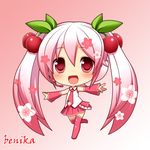  artist_name bad_id bad_pixiv_id benika_(benikaone) boots cherry chibi detached_sleeves food fruit hatsune_miku headset long_hair necktie open_mouth outstretched_arms pink_footwear pink_hair red_eyes sakura_miku skirt solo spread_arms thighhighs twintails very_long_hair vocaloid 