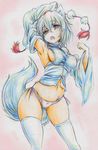 absurdres animal_ears arm_up armpits breasts colored_pencil_(medium) detached_sleeves fang hat highres inubashiri_momiji kitazinger medium_breasts navel no_pants open_mouth panties red_eyes short_hair solo tail thighhighs tokin_hat touhou traditional_media underwear white_hair white_legwear wolf_ears wolf_tail 