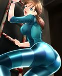  1girl ass bodysuit breasts brown_hair capcom jill_valentine ladder large_breasts nagare ponytail resident_evil resident_evil_revelations solo watch 