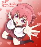  7001 :o akaza_akari birthday black_legwear character_name dated double_bun english foreshortening happy_birthday heart heart_background looking_at_viewer nanamori_school_uniform no_shoes open_mouth outstretched_hand purple_eyes red_background red_hair school_uniform serafuku short_hair short_sleeves sitting skirt socks solo yokozuwari yuru_yuri 