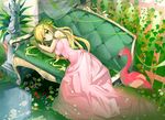  bird blonde_hair breasts clenched_hands couch dress flamingo green_eyes hair_ornament hayama_eishi leaf_hair_ornament long_hair looking_at_viewer lying medium_breasts on_side original pink_dress plant solo statue vines 