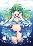  bikini bikini_under_clothes blush breasts cleavage detached_sleeves frog_hair_ornament front-tie_top green_eyes green_hair hair_ornament highres kochiya_sanae long_hair looking_at_viewer maturiuta_sorato medium_breasts navel open_clothes open_shirt open_skirt shirt skirt smile snake_hair_ornament solo swimsuit swimsuit_under_clothes touhou underwater 