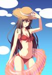  bad_id bad_pixiv_id bikini brown_hair ese_shinshi hat highres innertube long_hair original purple_eyes solo straw_hat sun_hat swimsuit 