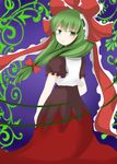  absurdres arlonn bad_id bad_pixiv_id frills green_eyes green_hair hair_ribbon highres kagiyama_hina long_hair looking_back ribbon solo touhou 