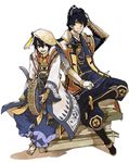  baggy_pants black_hair book_stack hat jewelry male_focus mori_(tsk03ss) mouri_motonari_(sengoku_musou) multiple_boys necklace pants sayagata sengoku_musou shippou_(pattern) sitting takenaka_hanbee_(sengoku_musou) white_background 