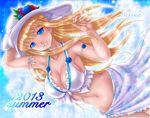  bikini blonde_hair blue_eyes boken_fantasy breasts dated flower hat large_breasts long_hair navel original print_sarong sarong smile solo swimsuit white_sarong 