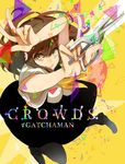  :&gt; brown_hair gatchaman_crowds grey_eyes ichinose_hajime pantyhose school_uniform scissors shokupa_(skp300) solo v 