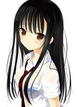  black_hair blush bra brown_eyes dress_shirt long_hair looking_at_viewer makita_maki necktie original see-through shirt simple_background solo underwear wet white_background 