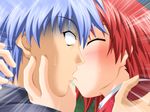  1boy 1girl blue_hair blush game_cg kiss red_hair sakaki_touya sakurazuka_kaoru yin-yang_x-change_alternative 
