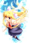  air blonde_hair blue_eyes foreshortening highres kamio_misuzu long_hair ponytail school_uniform solo zen 