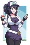  1girl al_bhed_eyes backpack bag bangs baseball_cap belt black_gloves black_hair black_legwear cellphone choker closed_mouth commentary_request cosplay covered_navel creatures_(company) crop_top cropped_jacket eyebrows_visible_through_hair female_protagonist_(pokemon_go) female_protagonist_(pokemon_go)_(cosplay) fingerless_gloves flying_sweatdrops game_freak gloves hair_between_eyes hands_up hat hex_maniac_(pokemon) high_ponytail highres hips holding holding_phone holding_poke_ball jacket long_hair long_sleeves looking_to_the_side nintendo pantyhose phone poke_ball poke_ball_(generic) pokemon pokemon_(game) pokemon_go pokemon_xy ponytail purple_eyes short_jumpsuit smartphone solo standing suzusiigasuki upper_body 