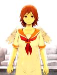  angel_wings bad_id bad_pixiv_id brown_eyes brown_hair dress haibane_renmei highres micromegas orange_sailor_collar rakka sailor_collar short_hair stairs white_dress wings 