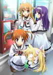  4girls arisa_bannings blue_eyes blush chibi dress fate_testarossa green_eyes hair_ribbon hairband long_hair long_sleeves lyrical_nanoha mahou_shoujo_lyrical_nanoha mahou_shoujo_lyrical_nanoha_a's multiple_girls open_mouth ribbon school_uniform seishou_elementary_school_uniform sen_(astronomy) shoes short_twintails smile takamachi_nanoha tsukimura_suzuka twintails two_side_up vending_machine 