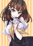  :&gt; bad_id bad_pixiv_id book breasts brown_hair gatchaman_crowds grey_eyes hair_ornament ichinose_hajime large_breasts looking_at_viewer matsuryuu school_uniform short_hair sketch smile solo striped striped_background 