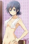  blue_eyes blue_hair blush groin hand_on_hip kanden_suki kashima_sonora looking_at_viewer nude out-of-frame_censoring short_hair smile solo tokurei_sochi_dantai_stella_jogakuin_c3_bu towel 