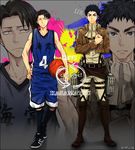  ascot basketball basketball_uniform black_hair boots cosplay costume_switch crossover emblem jacket kasamatsu_yukio kasamatsu_yukio_(cosplay) kuroko_no_basuke levi_(shingeki_no_kyojin) male_focus multiple_boys paradis_military_uniform shingeki_no_kyojin sportswear ta_sa zoom_layer 