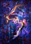  aiguillette armpits blue_eyes breasts dark_skin epaulettes flower highres himemiya_anthy holding_hands long_hair looking_at_another medium_breasts multiple_girls partially_submerged petals pink_hair purple_hair red_flower red_rose rose ryuuzaki_ichi shoujo_kakumei_utena tenjou_utena tower water 