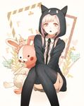  black_legwear danganronpa hair_ornament hood hoodie monomi_(danganronpa) nagu nanami_chiaki open_mouth pink_eyes pink_hair pleated_skirt ribbon short_hair sitting skirt solo stuffed_animal stuffed_bunny stuffed_toy super_danganronpa_2 thighhighs v_arms 