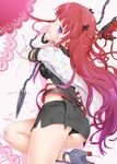  arca_(summon_night) bad_id bad_pixiv_id bra chikaya elbow_rest gloves high_heels miniskirt open_clothes open_shirt panties purple_eyes red_hair shirt shoes skirt solo summon_night summon_night_5 underwear 