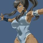  armlet armpits avatar_(series) bare_shoulders black_hair blue_eyes blue_leotard breasts dark_skin hair_tubes korra large_breasts leotard long_hair naso4 sideboob simple_background smile solo the_legend_of_korra topknot vambraces 