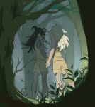  1boy 1girl hand_holding horns long_hair nature original outdoors shorts standing tensen tree white_hair 