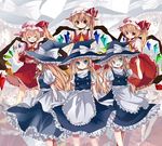  :t alternate_eye_color apron ascot blonde_hair blue_eyes blush bow braid closed_eyes crystal flandre_scarlet hair_bow hat highres kirisame_marisa long_hair mob_cap multiple_girls multiple_persona nonomichi open_mouth red_eyes ribbon short_hair short_sleeves side_ponytail skirt smile touhou vest wings witch_hat zoom_layer 