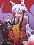  \m/ animal_ears bad_id bad_tumblr_id black_legwear blush casual commentary_request dakini_(imawabi_no_dakini) fox_ears fox_shadow_puppet fox_tail fur_collar hair_tubes highres imawabi_no_dakini jacket kitsune long_hair long_tongue matsuda_yuusuke mole multiple_tails nail_polish necktie pantyhose pleated_skirt red_eyes sharp_teeth sidelocks silver_hair skirt solo tail teeth tongue tongue_out v-neck 