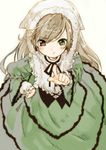  :t am_(going_nowhere) bad_id bad_pixiv_id bonnet brown_hair dress frills from_above green_eyes hat heterochromia long_hair looking_at_viewer pointing pointing_at_viewer red_eyes ribbon rozen_maiden solo suiseiseki 