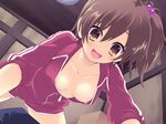  :d breasts brown_eyes brown_hair gym_shorts hair_bobbles hair_ornament highres hin_wa_bokura_no_fuku_no_kami jacket mutsuki_aya nipple_slip nipples no_bra open_mouth rurino_sakazuki short_hair shorts side_ponytail small_breasts smile solo_focus track_jacket 