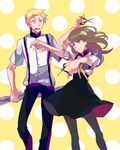  1girl :&gt; bad_id bad_pixiv_id blonde_hair brown_eyes brown_hair gatchaman_crowds ichinose_hajime ishiwari pants pantyhose polka_dot polka_dot_background school_uniform scissors suspenders tachibana_sugane weapon_bag yellow_eyes 