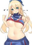  atago_(kantai_collection) blonde_hair blue_hat blush bouncing_breasts breasts cheerleader covered_nipples green_eyes hat kantai_collection large_breasts long_hair navel nekoume open_mouth skirt solo underboob 