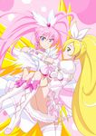  blonde_hair blue_eyes boots carrying choker couple crescendo_cure_melody cure_melody cure_rhythm eyelashes green_eyes hand_on_shoulder houjou_hibiki jabara_tornado knee_boots minamino_kanade multiple_girls pink_background pink_choker pink_hair ponytail precure princess_carry smile suite_precure twintails wings yellow_wings yuri 