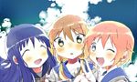  ^_^ blonde_hair blue_hair blue_sky blurry blush closed_eyes cloud hinata_yukari ichii_yui long_hair multiple_girls nonohara_yuzuko one_eye_closed open_mouth pink_hair school_uniform school_uniform_(yuyushiki) serafuku short_hair sky smile toma_(koudo) twintails v yellow_eyes yuyushiki 