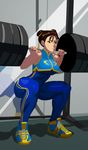  breasts brown_hair chun-li double_bun exercise large_breasts morgan_mundie muscle shoes solo squatting street_fighter street_fighter_zero_(series) thick_thighs thighs weights 