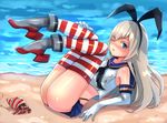  ass bad_id bad_pixiv_id beach blonde_hair blue_eyes elbow_gloves gloves kantai_collection kyuuso_inukami legs_up long_hair looking_at_viewer one_eye_closed outdoors sand shimakaze_(kantai_collection) solo striped striped_legwear thighhighs water 