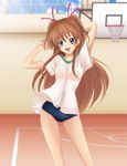  basketball_court basketball_hoop blue_eyes blush breasts brown_hair buruma cloud eyelashes gym gym_uniform highres houjou_hibiki hyong long_hair medium_breasts open_mouth precure ribbon sky smile suite_precure sunlight two_side_up window 