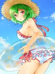  alternate_costume ass blue_sky blush breasts casual_one-piece_swimsuit cloud colored_eyelashes day frilled_swimsuit frills green_hair hat highres innertube kazami_yuuka large_breasts looking_at_viewer looking_back one-piece_swimsuit open_mouth red_eyes shironeko_yuuki short_hair sky solo straw_hat sun_hat swimsuit touhou white_swimsuit 